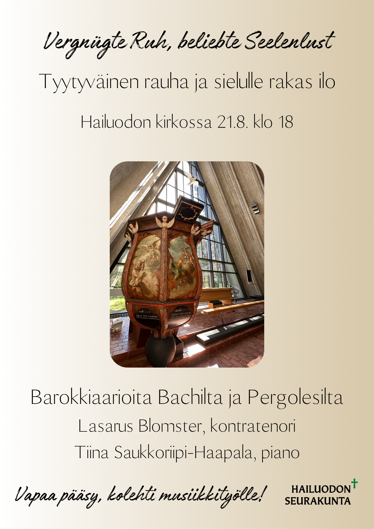 Konsertin tiedot vanhan saarnastuolin kuvan kera.